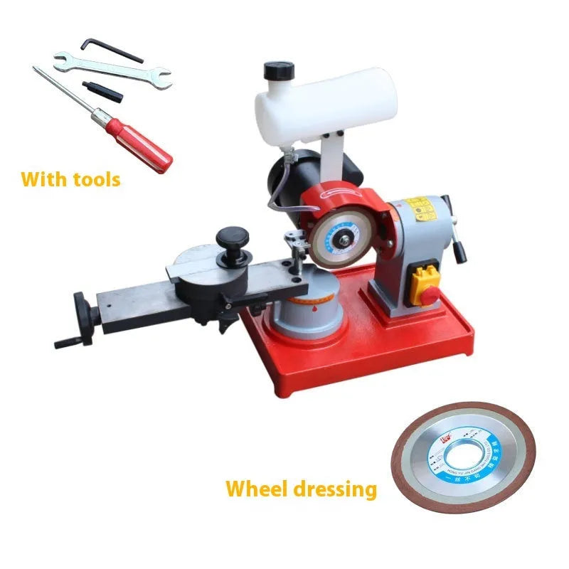 Manual sharpening machine for alloy circular saw blades on workbench with grinding wheel and adjustment controls