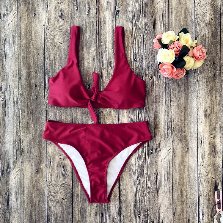 European American style pure colour bikini swimsuit in black, white, pink, red, wine red options
