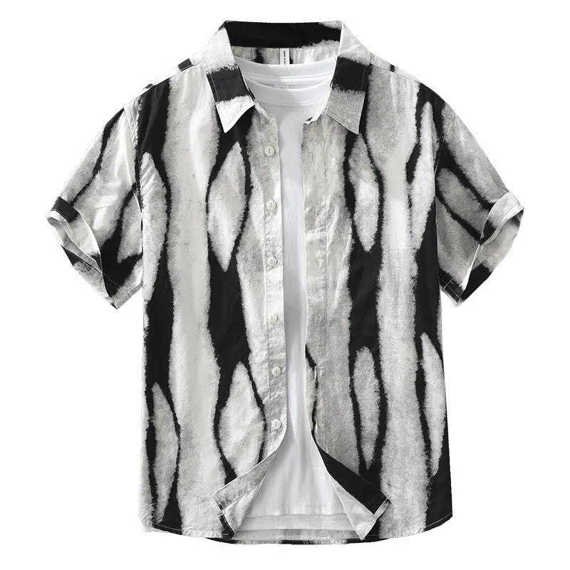 Retro striped short sleeve cotton cardigan shirt in black and brown colours