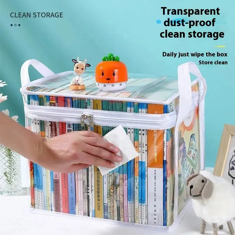 Large white foldable PVC storage bag with sealed top next to magazines.
