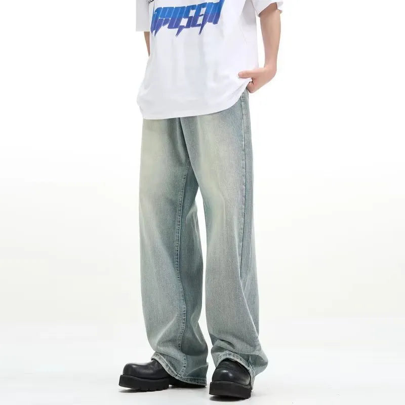 Blue loose-fit retro trousers made from rabbit fur fabric on a mannequin.