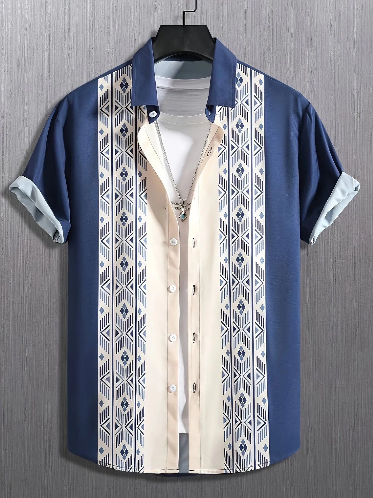 Man wearing a loose-fit contrast plaid short sleeve shirt in cardigan style.