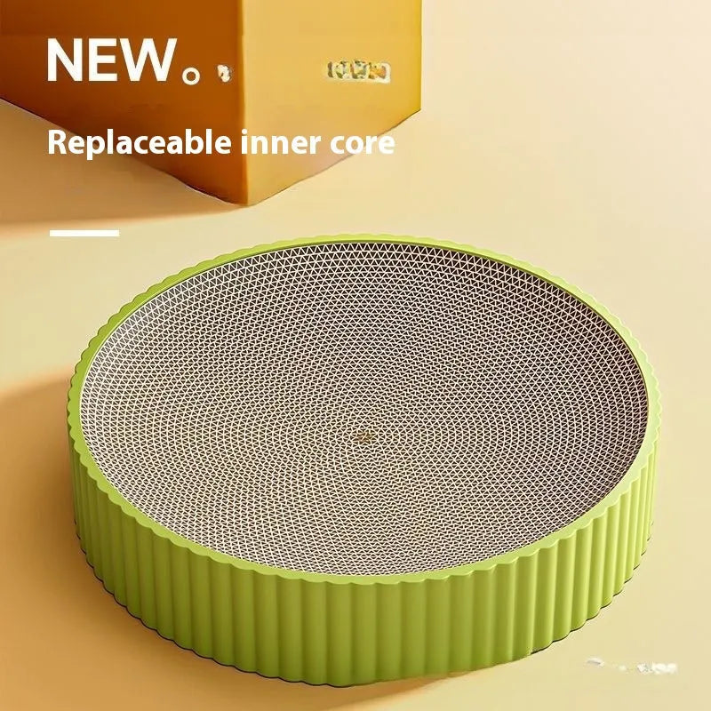 Green and white 55cm round cat scratching board with replaceable corrugated paper surface