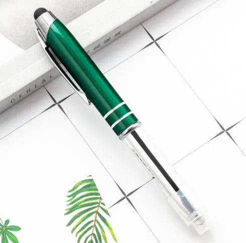 Red metal multifunctional pen with capacitive stylus tip, ballpoint, and LED light