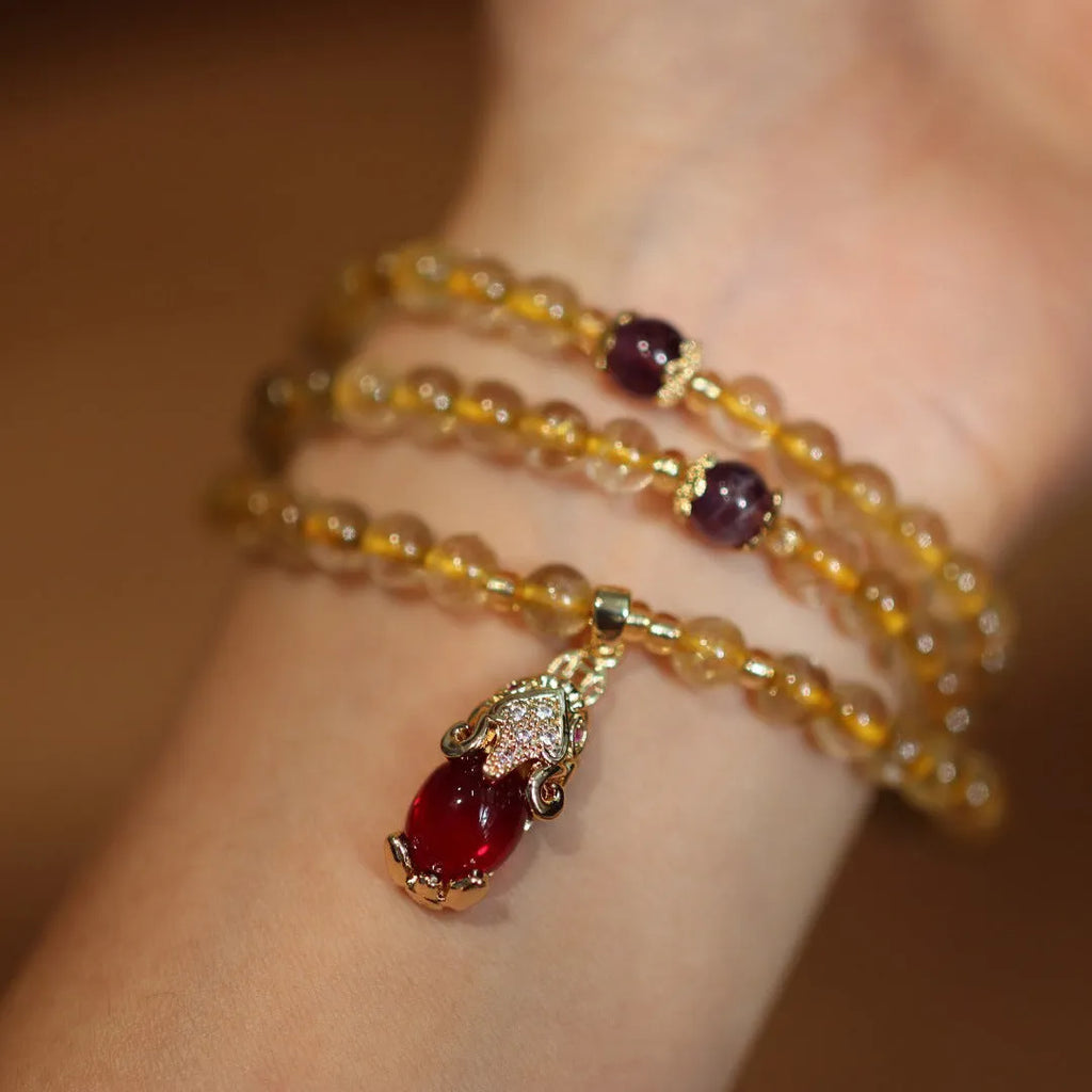 Natural Brazilian quartz bracelet with gold three-circles ruby quartz charm on adjustable Chinese style band