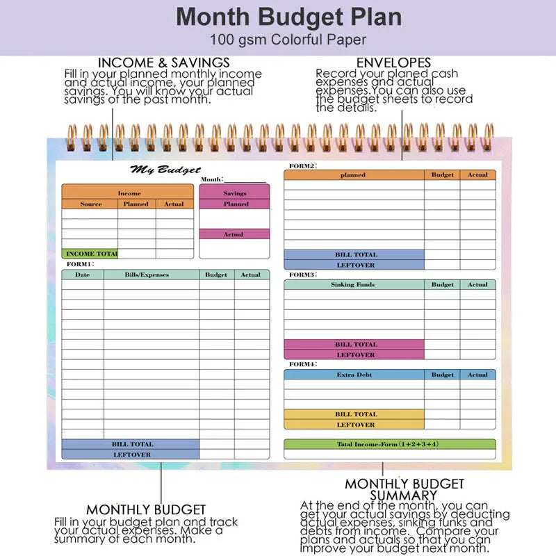 B5 spiral-bound budget notebook with a blue PP plastic cover, open to show lined pages for income and expenditure tracking.