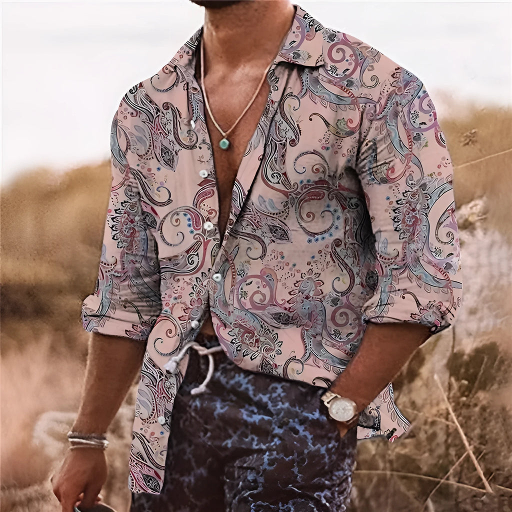 Men's casual shirt with 3D floral pattern in loose fit long sleeve design