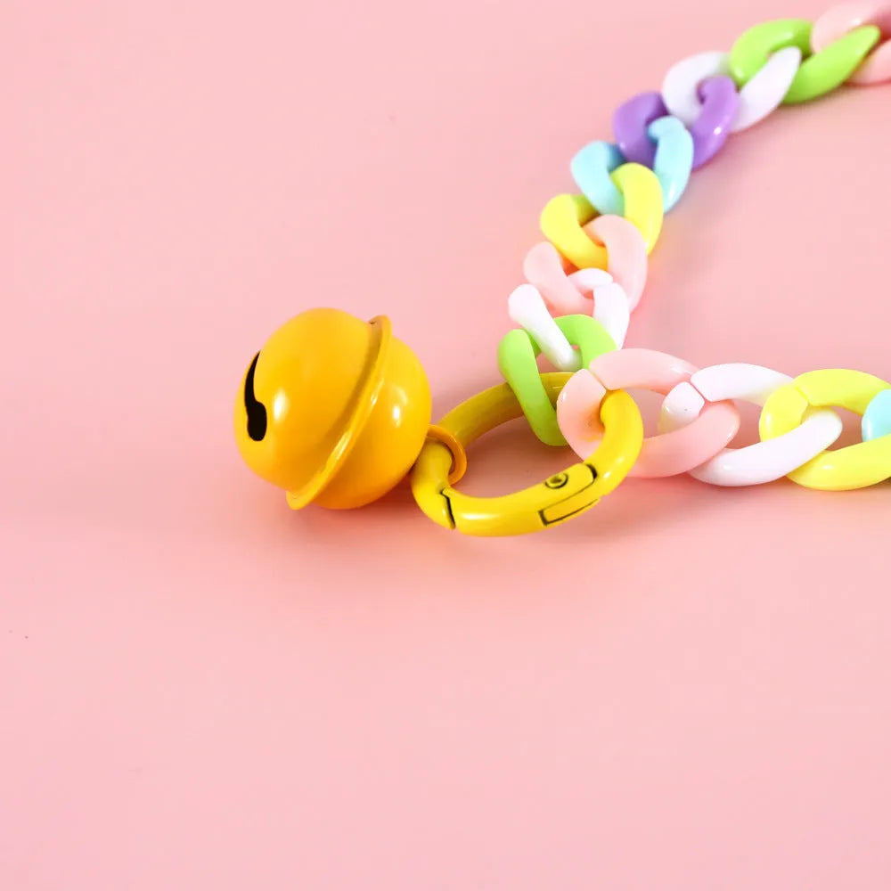 Macaron candy coloured plastic pet collar for cats, dogs, and rabbits in chain blue, pink, and mixed colours on a white background.