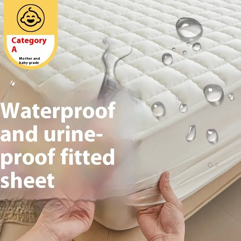 Blue washed cotton waterproof fitted sheet with elasticated corners shown on mattress