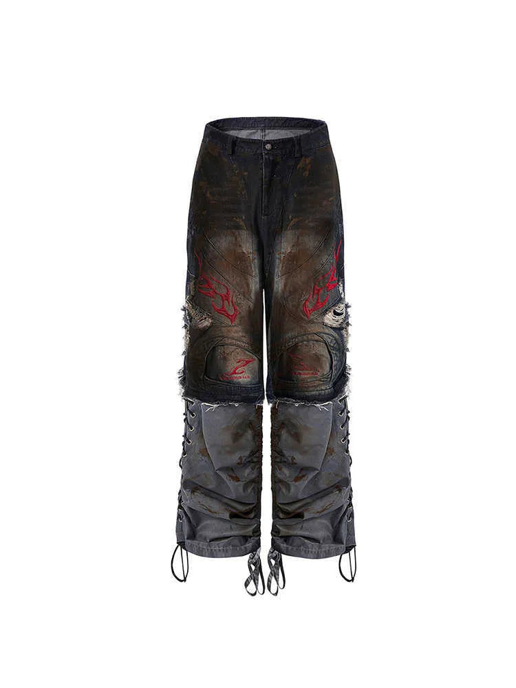Men's wide leg denim jeans with detachable trouser legs in retro style