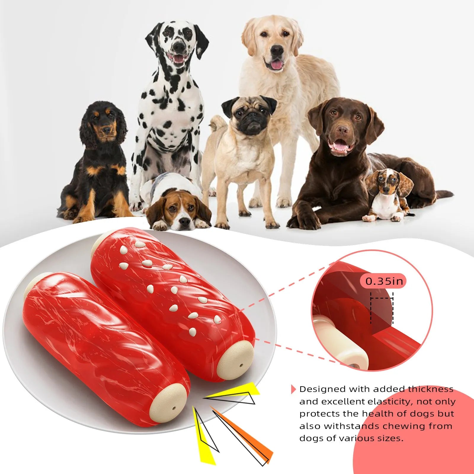 Primary colour plastic dog chew toy with toothbrush and molar rod textured design