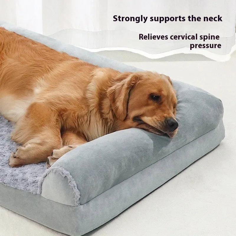 Light grey soft cloth dog kennel for large dogs showing its open front and low-sided design.