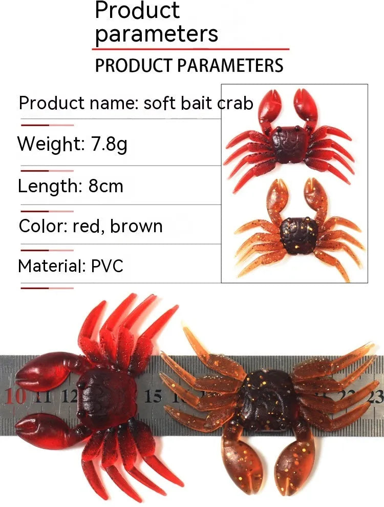 8cm PVC crab fishing lure in red crab and brown crab colour variants for freshwater and saltwater fishing