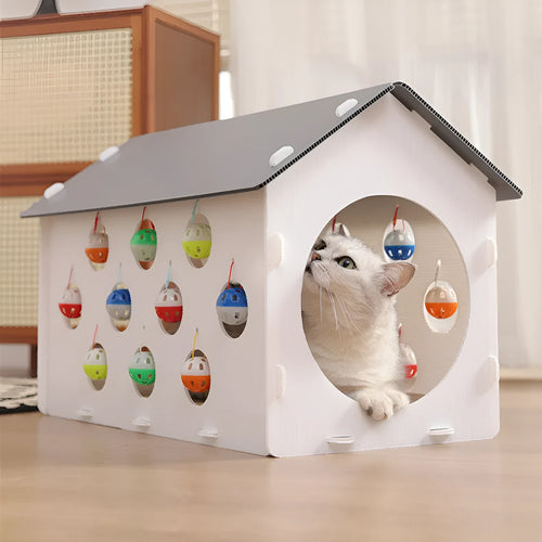 Integrated cat scratch board and nest toy with tunnel and bell ball for house cats