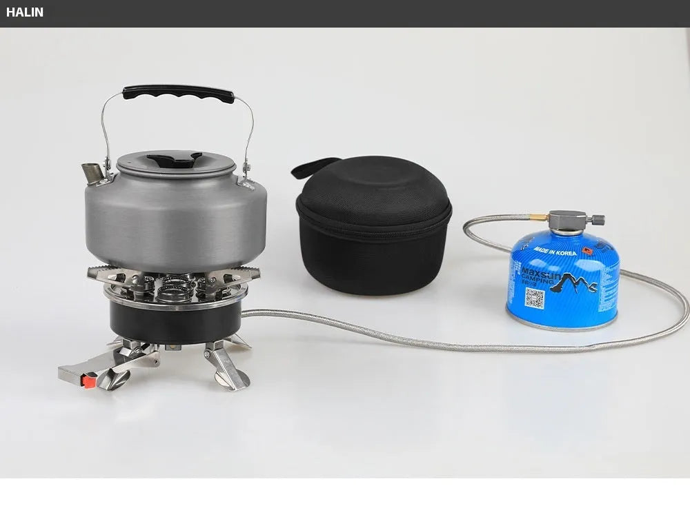 Silver foldable stainless steel split camping stove with a hose, shown with dimensions 155mm by 125mm.