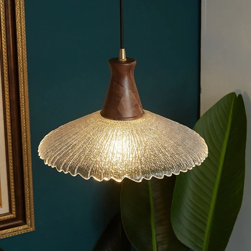Retro wood and glass chandelier with brass finish in three size options