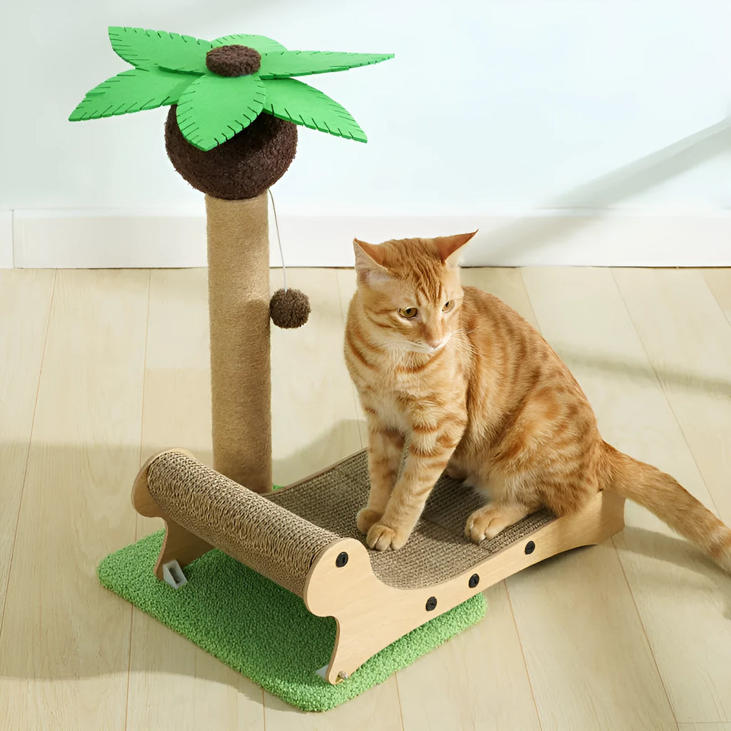 Wooden beach chair design cat climbing frame with integrated scratch board and hemp mat columns