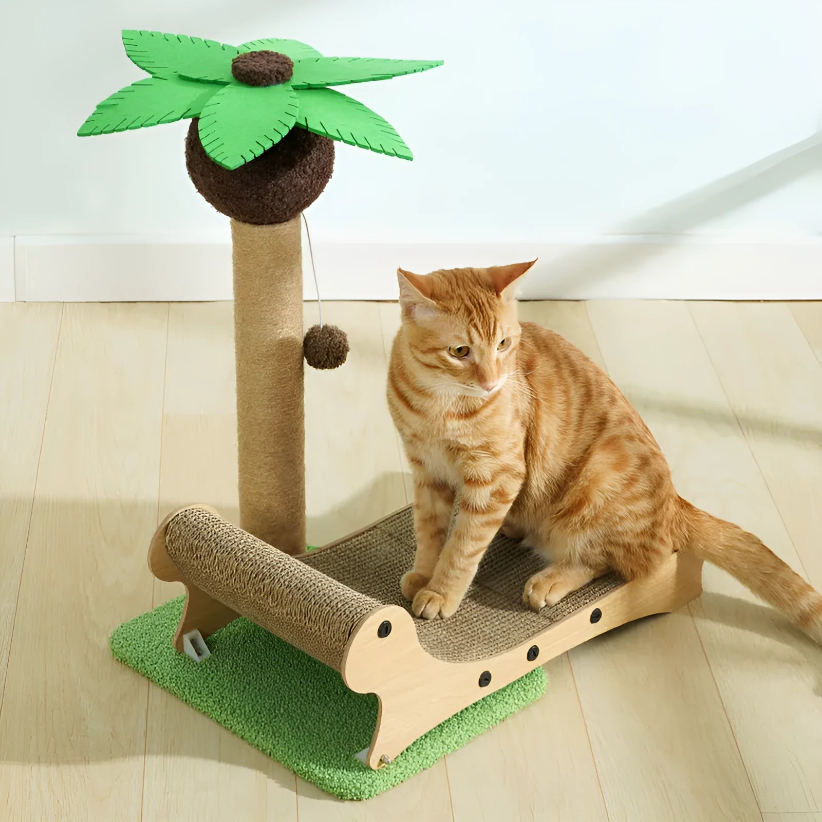 Wooden beach chair design cat climbing frame with integrated scratch board and hemp mat columns