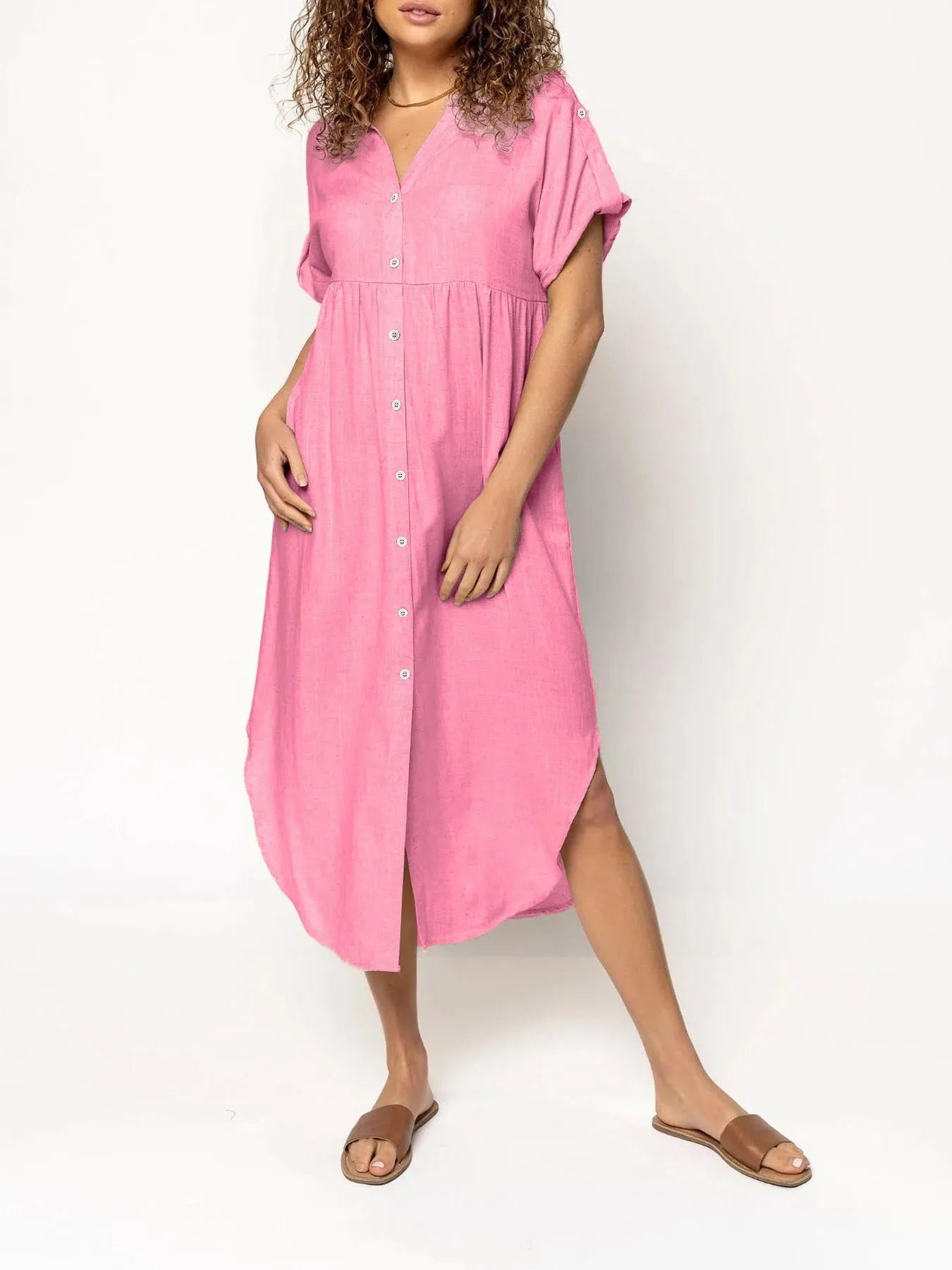 Button-front mid-length casual dress in loose fit available in multiple solid colours