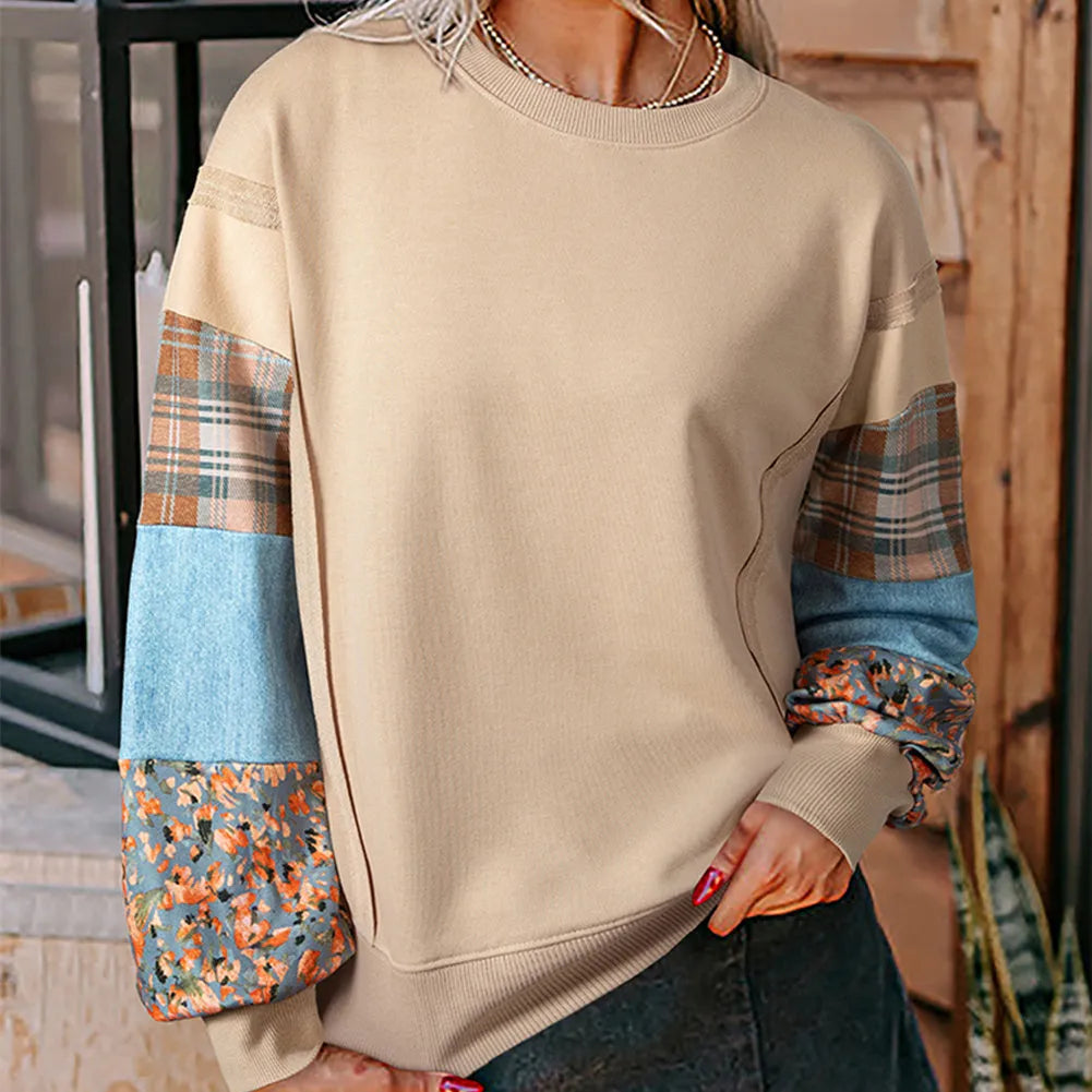 Women's beige and red plaid stitching long-sleeved loose fit casual pullover top.