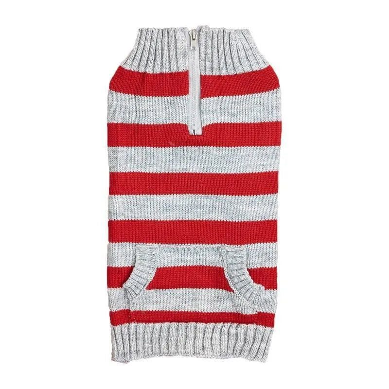 Grey dog sweater with blue horizontal zipper and button pocket on a small dog.