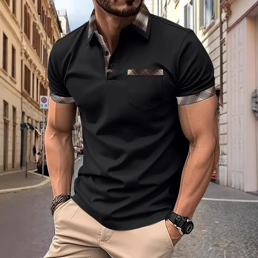 Men's plaid colourblock t-shirt with zipper decoration on front, short sleeves, loose fit