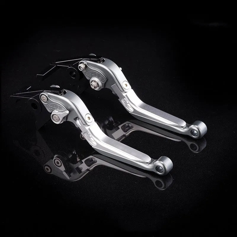 Pair of anodised metal motorcycle brake and clutch levers with adjustable length mechanism