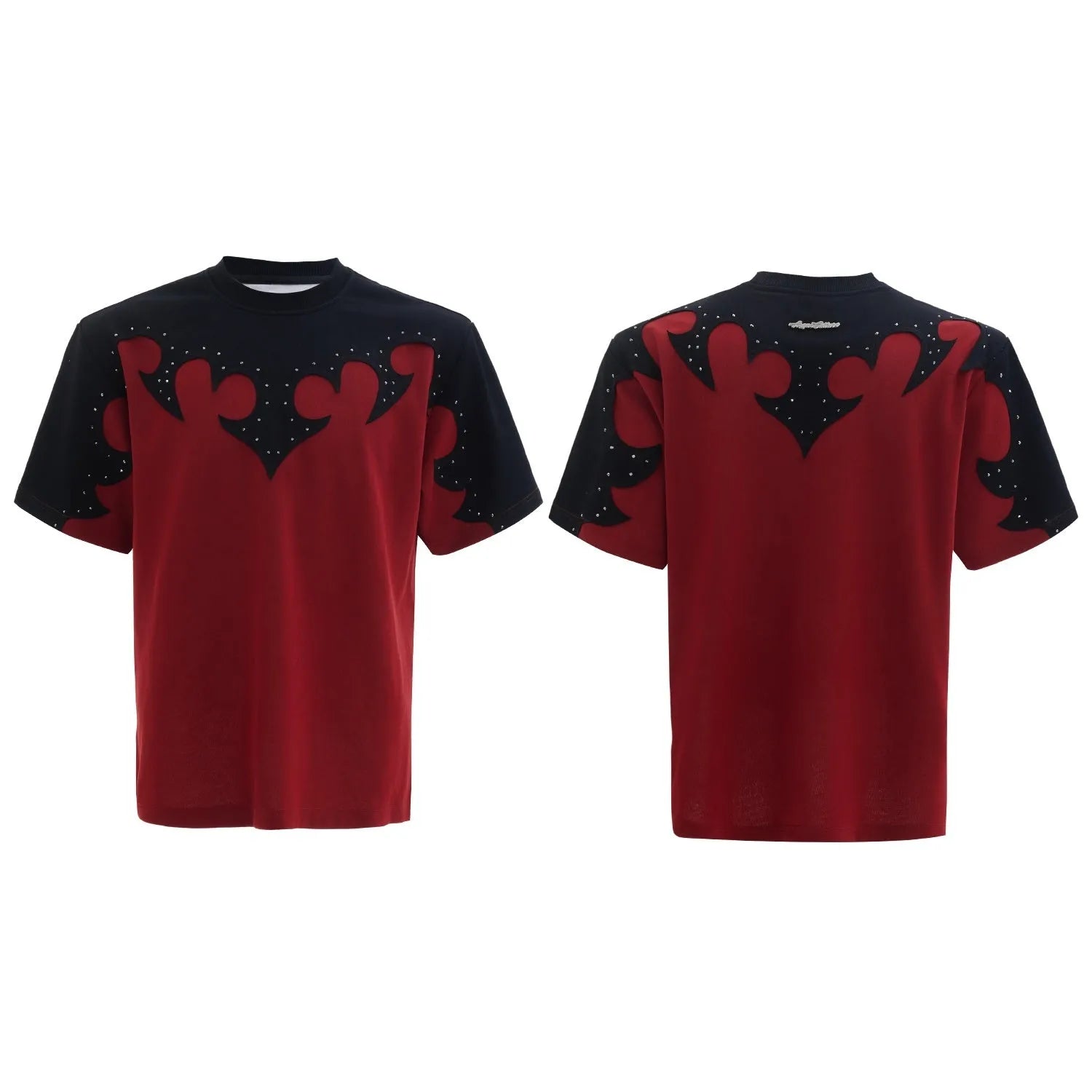 Men's grey cotton T-shirt with burnt flower stitching and rhinestone decoration showing loose fit drop shoulder design