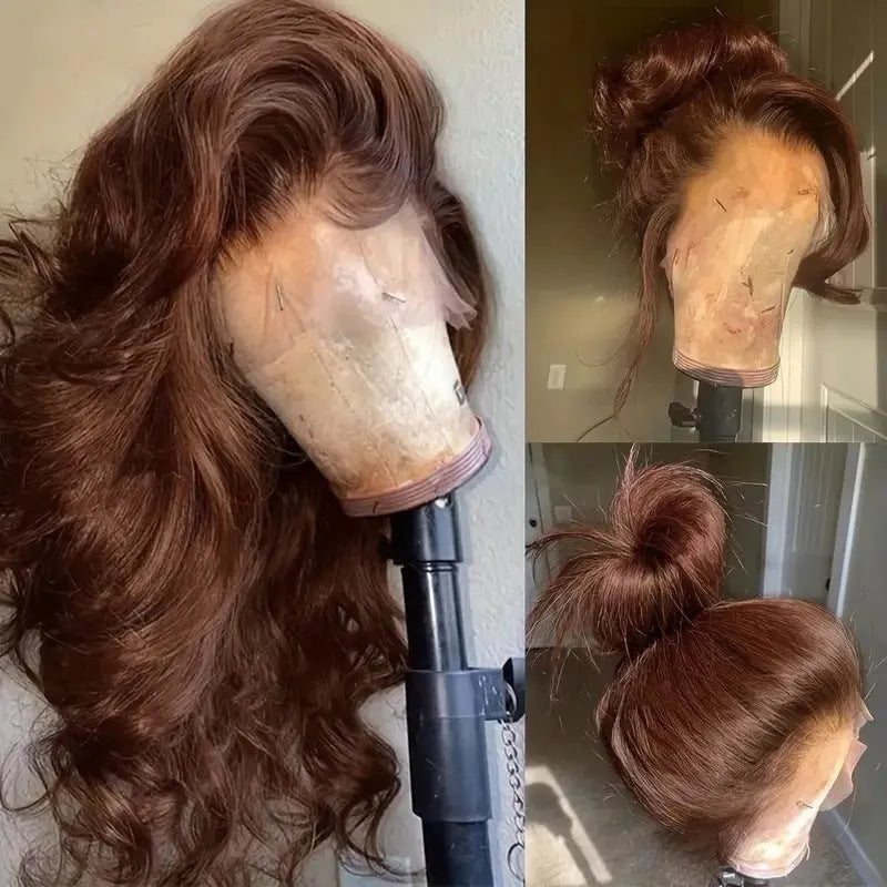 Dark brown long curly front lace wig with side bangs on a model