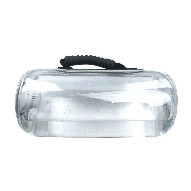 Transparent PVC inflatable weight lifting bag filled with water, showing weight scale options from 5kg to 35kg.