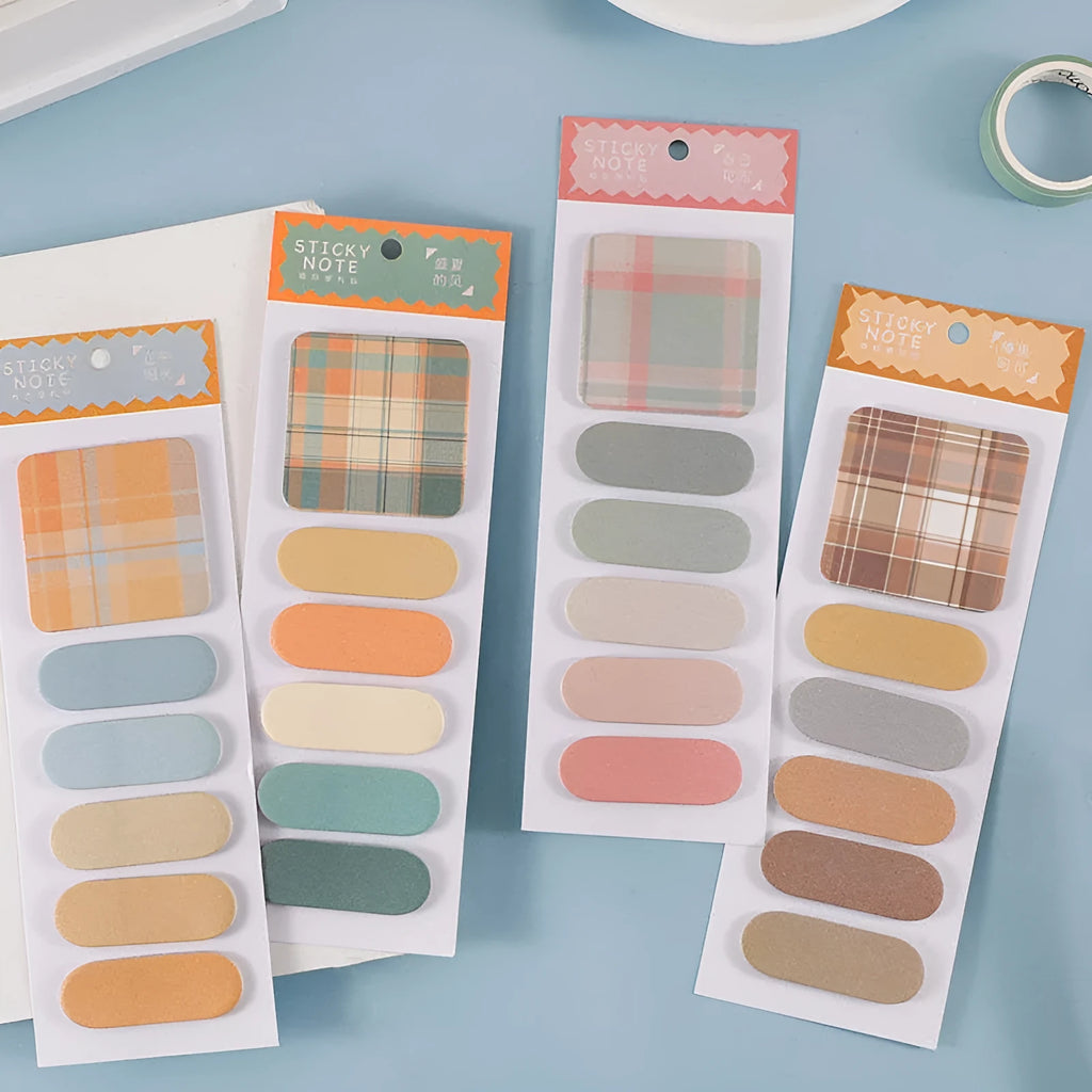 Eight colourful memo pad sticky notes showing Spring Garden, Twilight Coast, and other designs, 67mm by 200mm