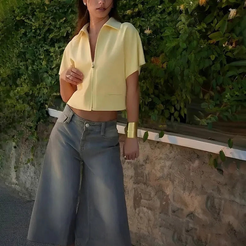 Loose fit short sleeve casual top in yellow, laid flat