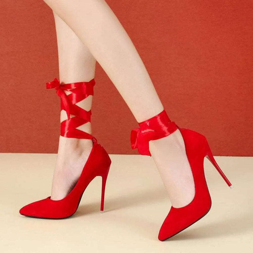 Women's black pointed toe platform high heels with a lace ankle strap and a thin shallow mouth design.