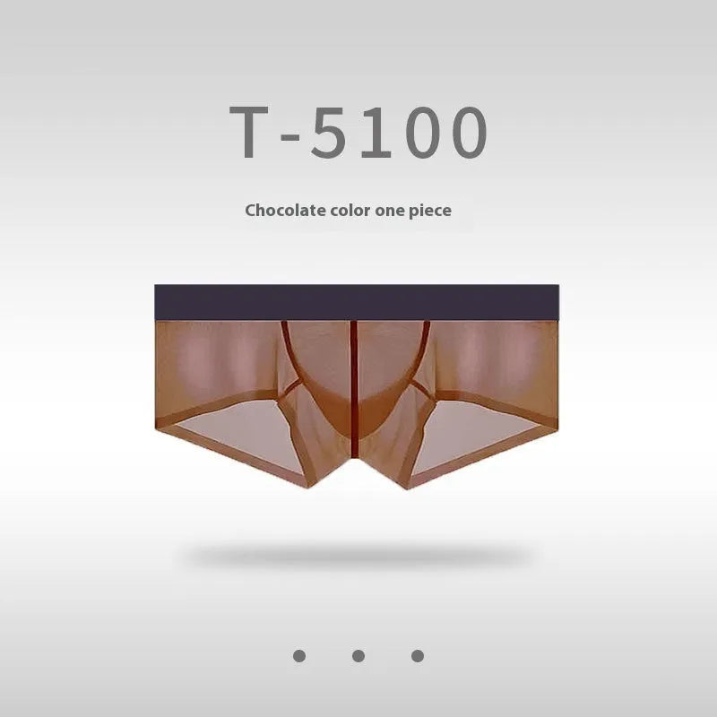 Men's seamless ice silk low waist underwear in chocolate colour showing ultra-thin sheer fabric