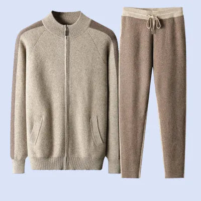 Men's cashmere wool blend knitted cardigan suit with long sleeve top and matching trousers