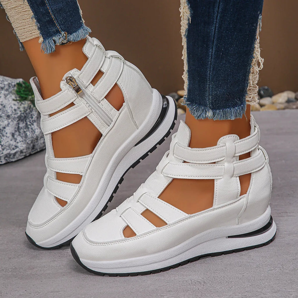 Women's black platform sandals with hollow-out design and velcro strap