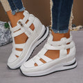 Women's black platform sandals with hollow-out design and velcro strap