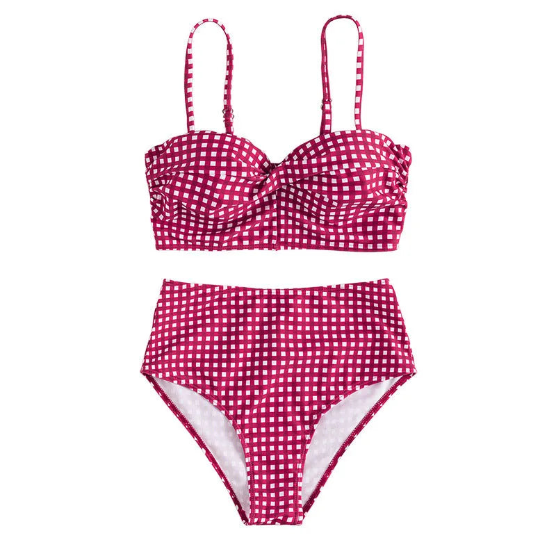Women's plaid high-waist bikini swimsuit in multiple colours with separate tops and briefs
