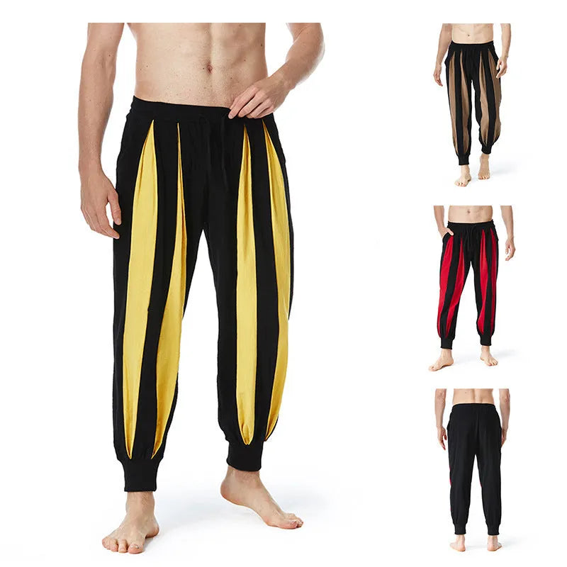 Men's straight-leg casual trousers in red, khaki, yellow, or brown colours with ordinary thickness polyester fabric