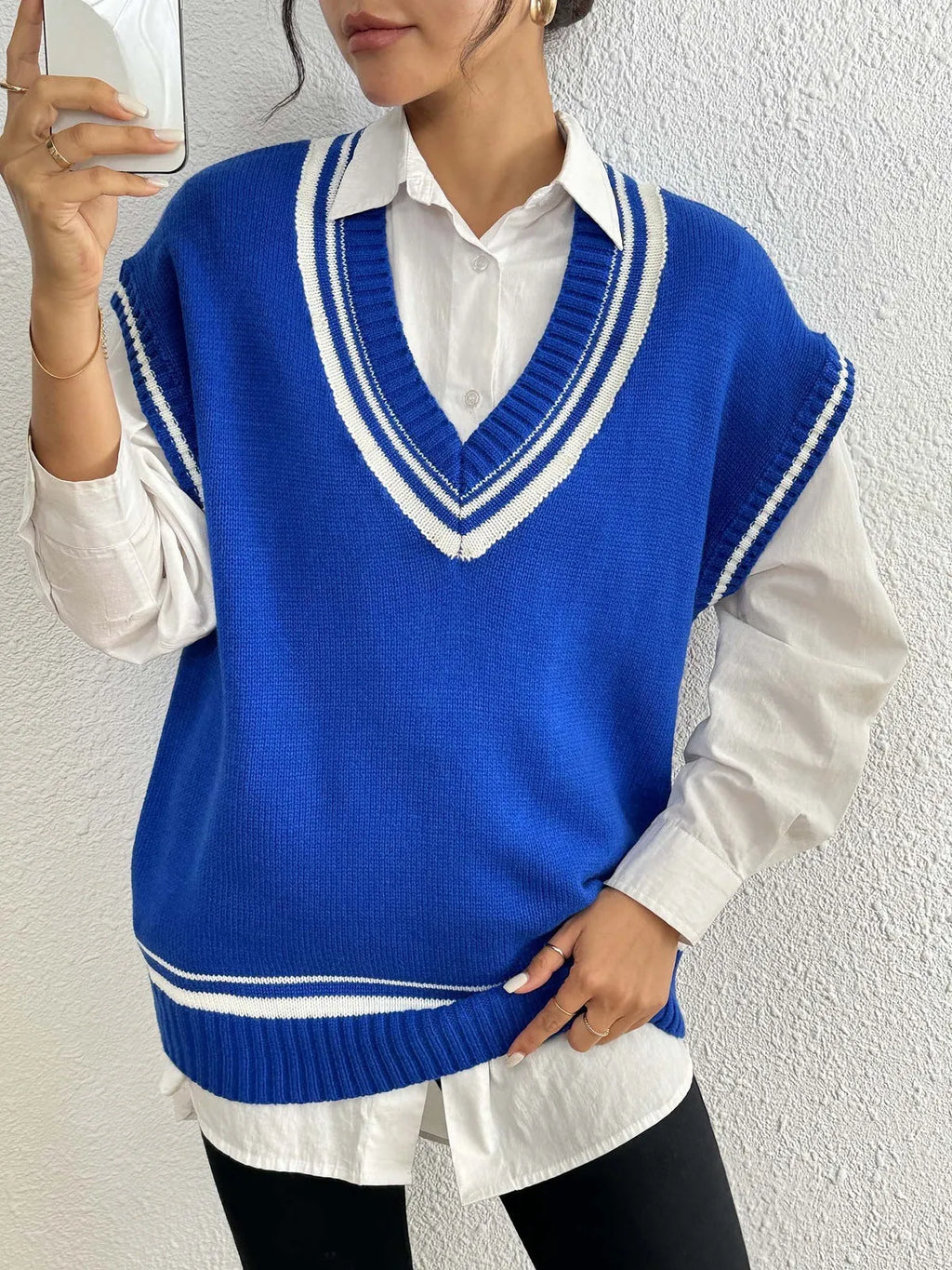Women's loose fit college style vest sweater in acrylic polyester blend, black blue coffee colour options