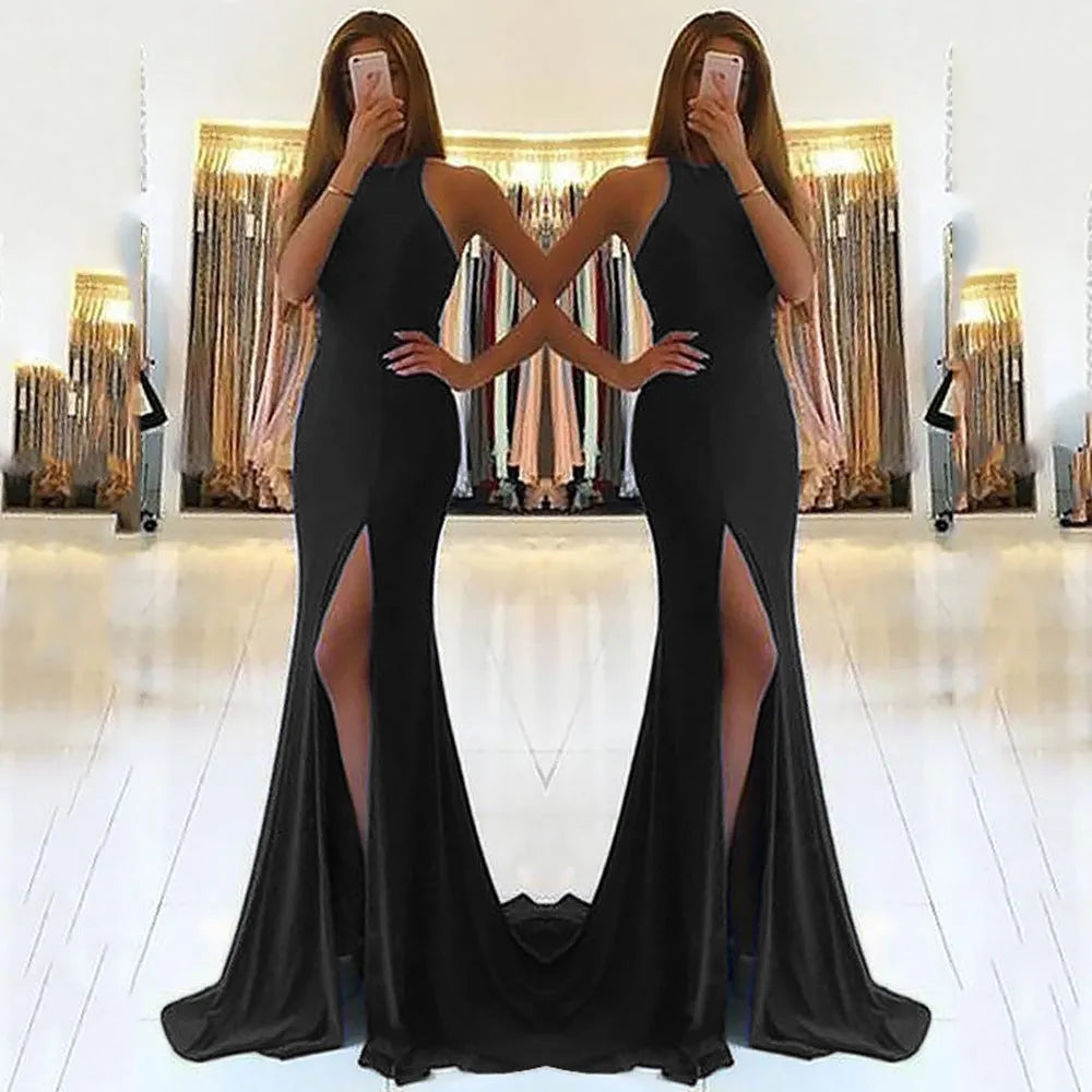 Long red evening dress with hollow pattern detail, high waist, and large swing skirt
