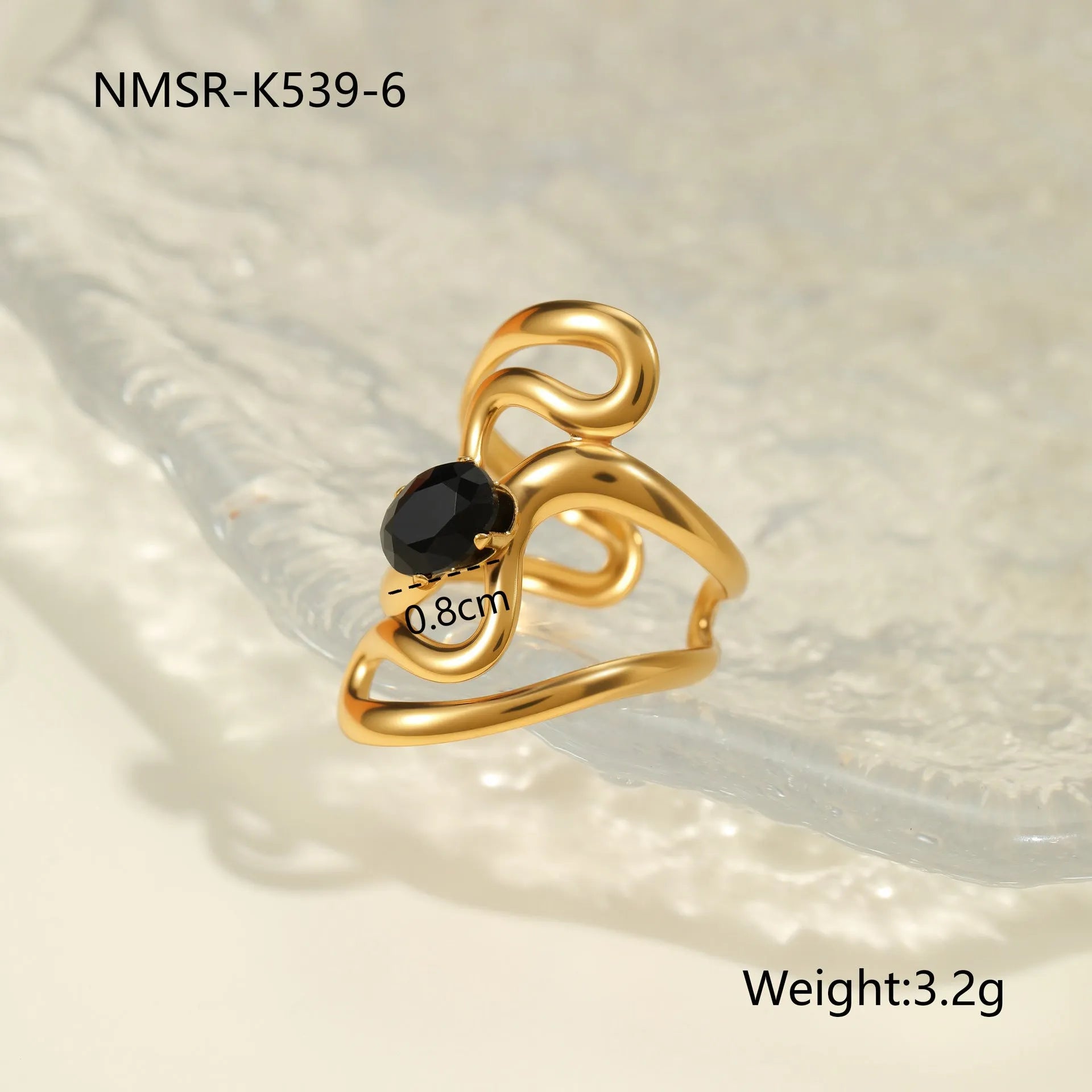 Geometric open mouth titanium steel ring for women on a plain background.