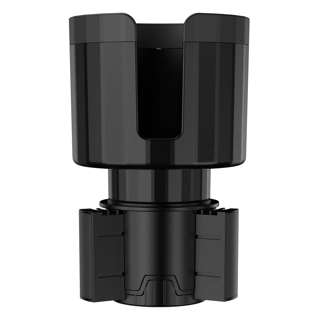 Matte black adjustable car cup holder expander for oversized water bottles and travel cups.