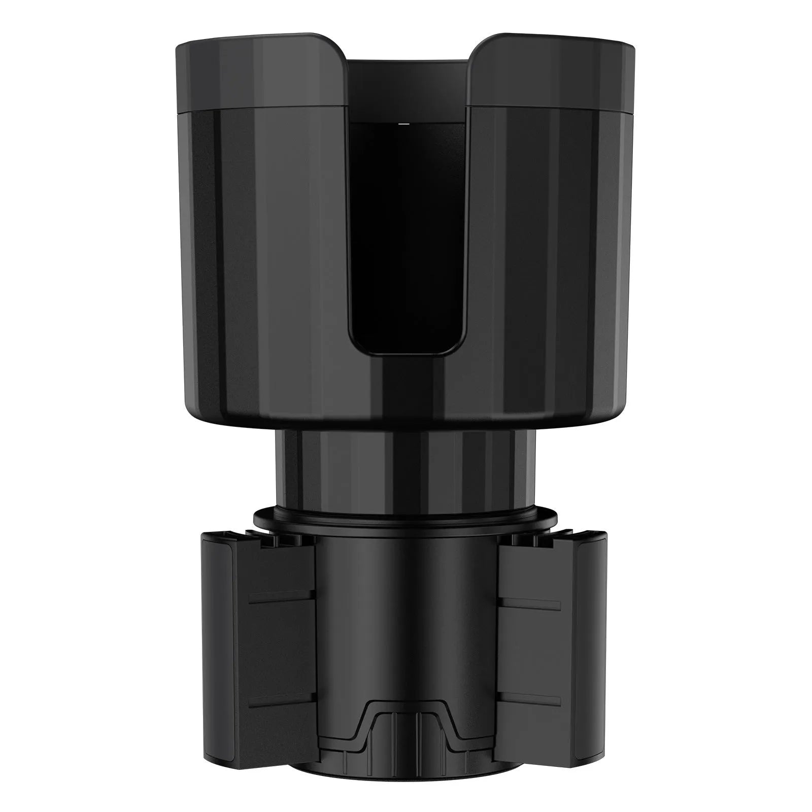 Matte black adjustable car cup holder expander for oversized water bottles and travel cups.