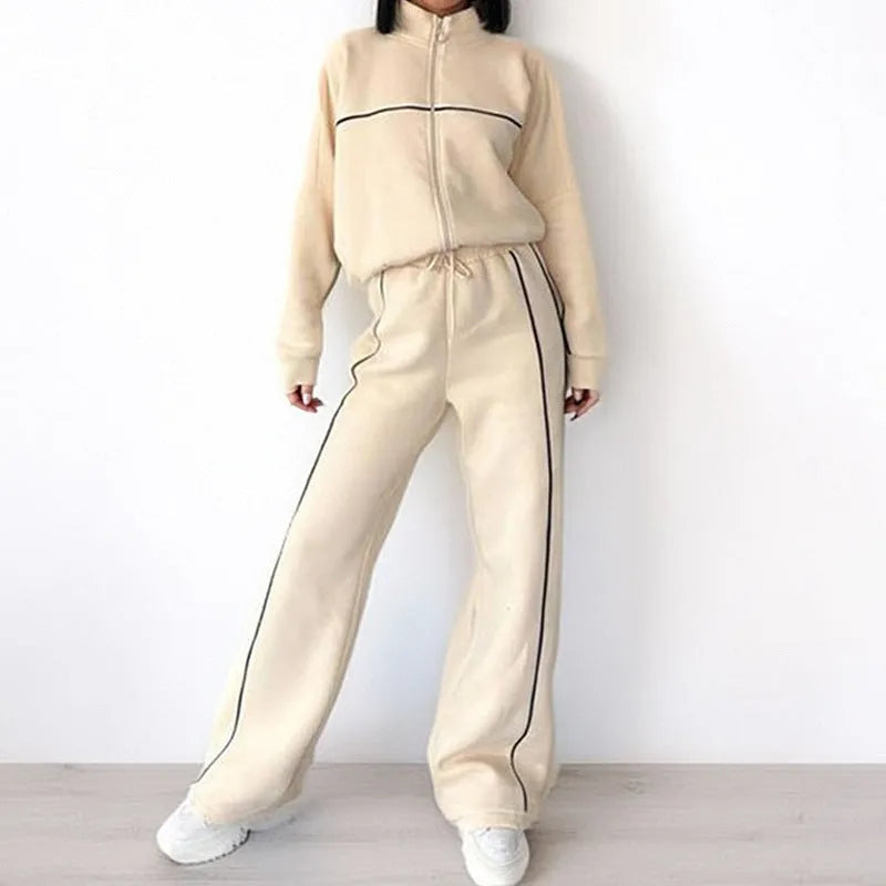 Casual polyester suit set with mock neck hoodie and lace-up striped trousers in six colour options