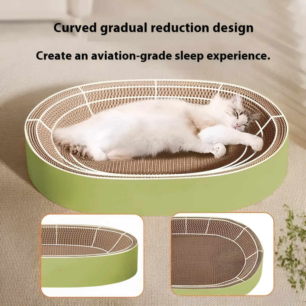 Large green oval cat scratch board and nest made from corrugated paper
