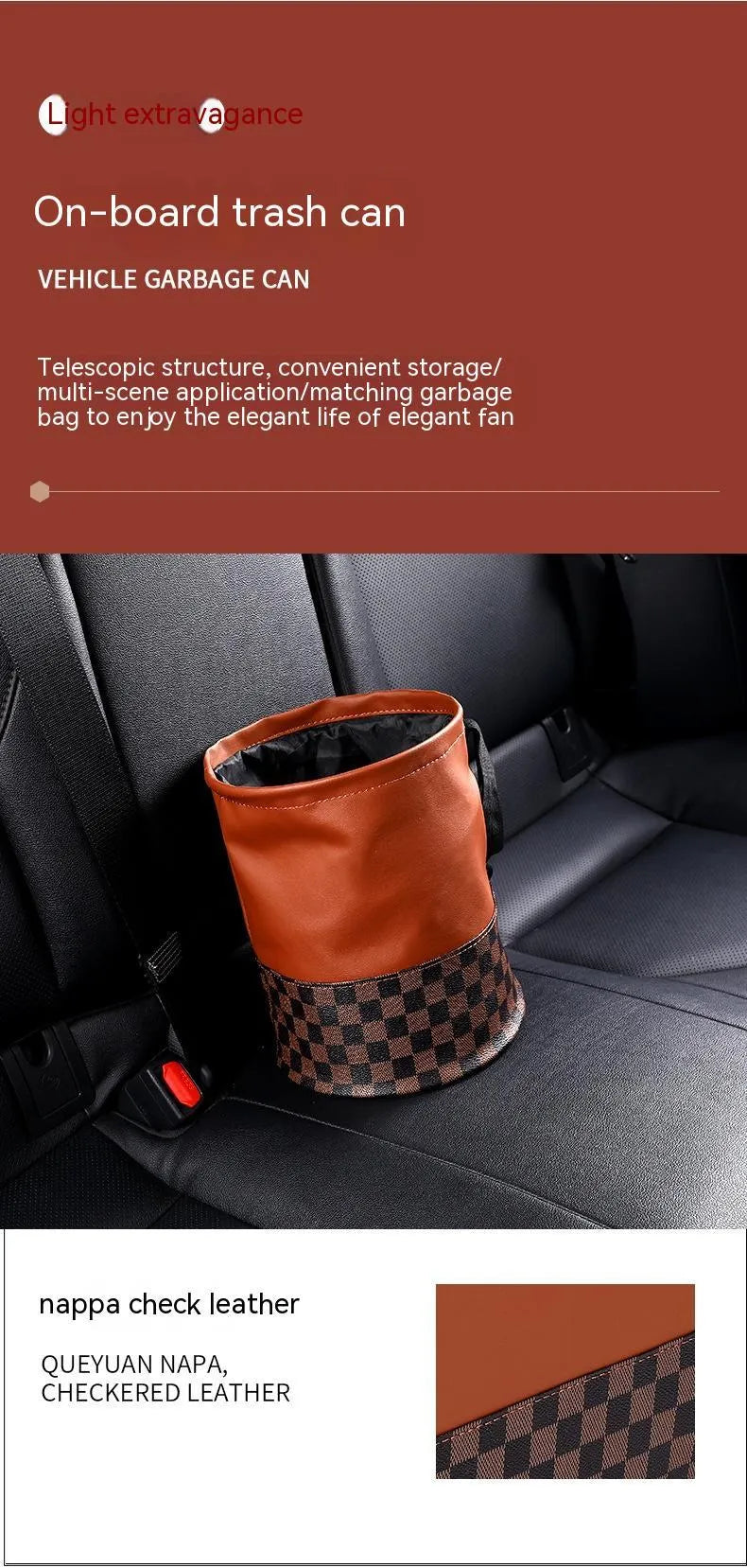 Retractable leather interior trash can with folding design and carrying handle