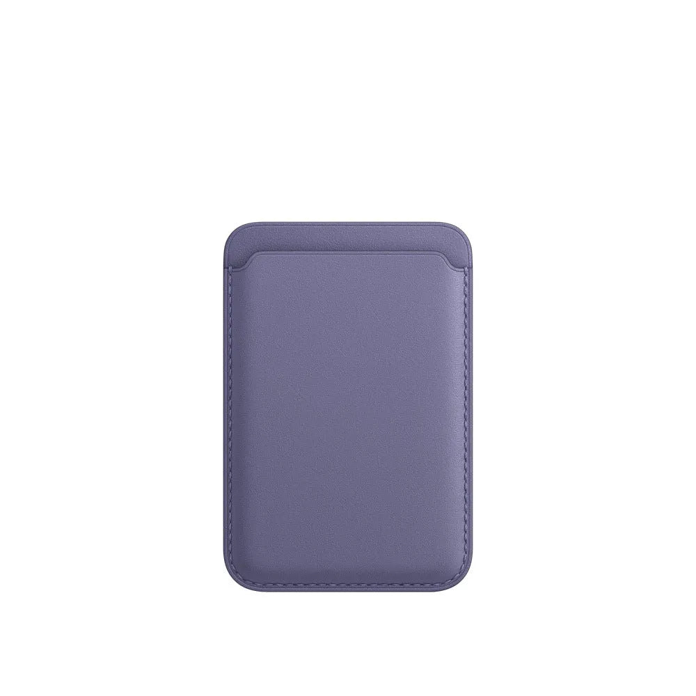 Black PU leather magnetic card holder case attached to the back of an iPhone