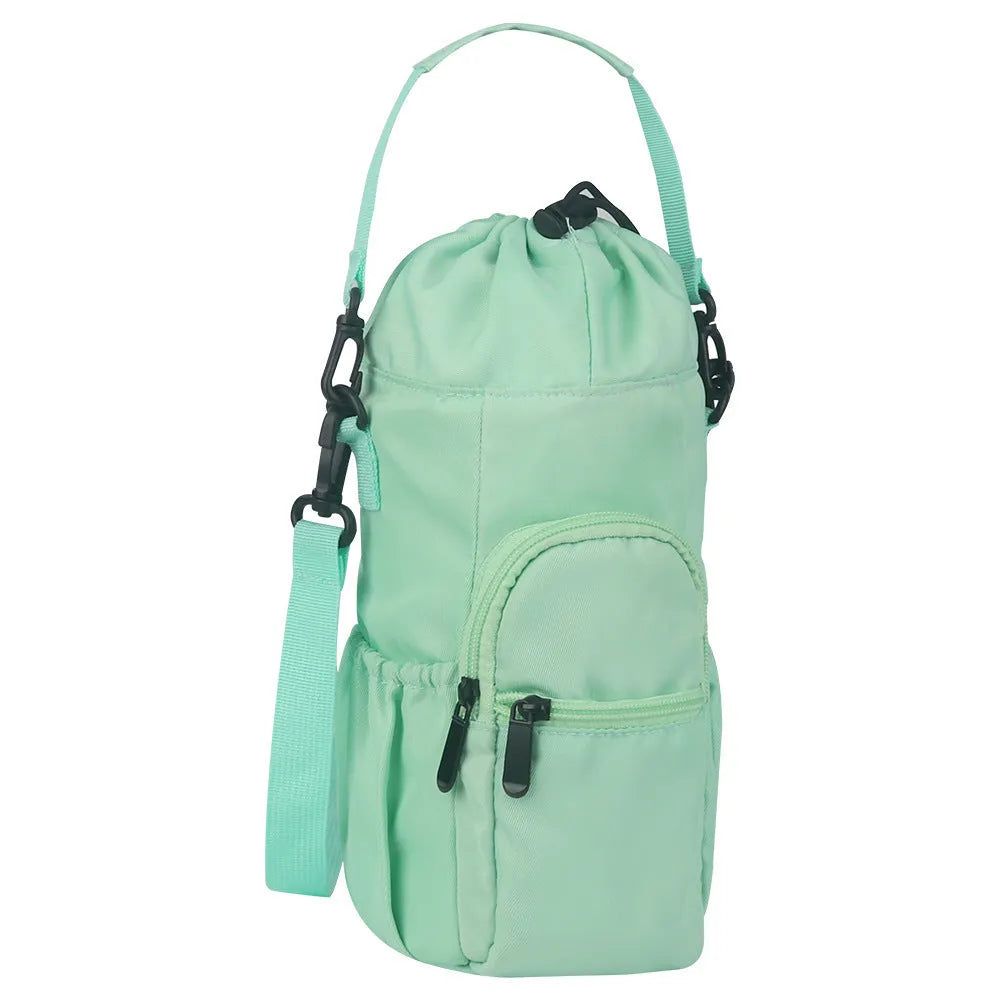 Canvas water bottle shoulder bag with crossbody strap in black, green, and pink colour options