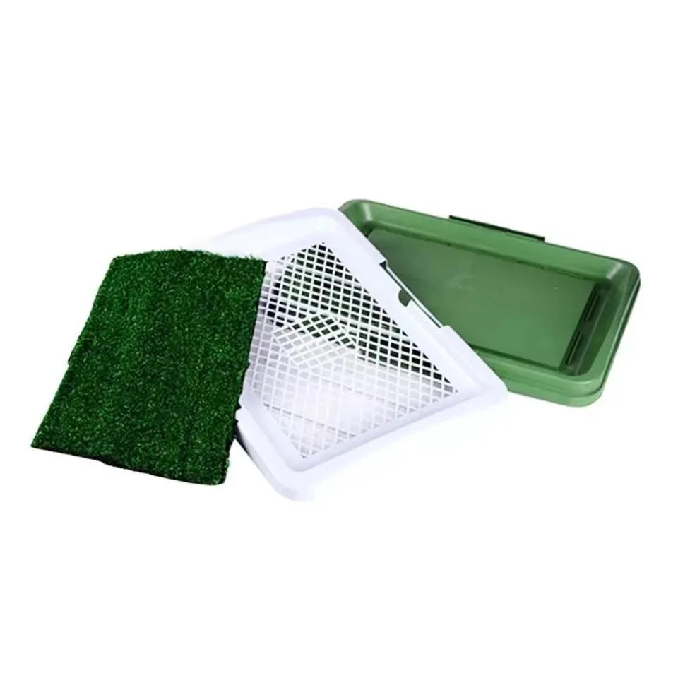 Green three-layer indoor dog toilet tray for puppy potty training with artificial grass